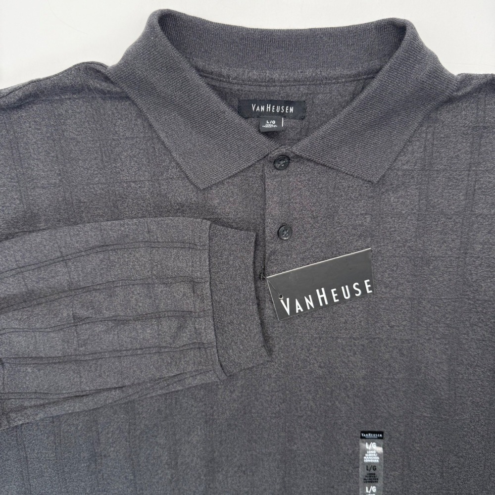 Van Heusen Polo Shirt Mens L Black Jaspe Windowpane Long Sleeve Textured Knit